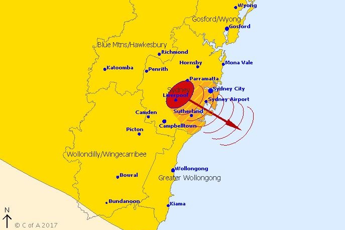an image of the BOM weather warning graphic showing storms approaching Sydney