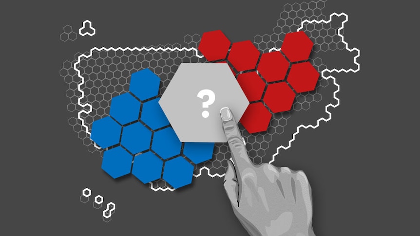 An illustration of a finger tapping on an electoral map cell to assign Electoral College votes