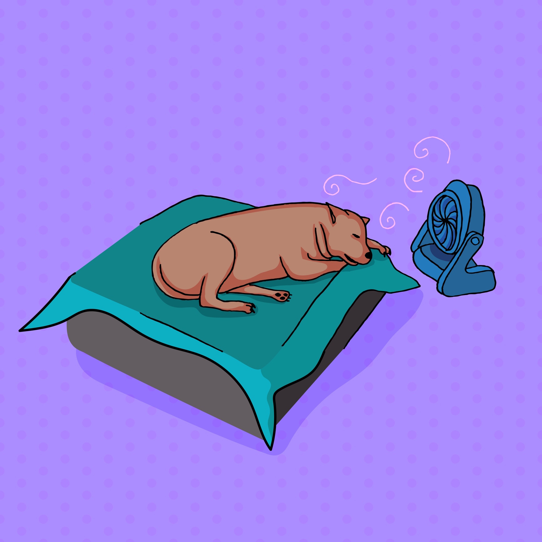 A cartoon drawing of a dog asleep on a dog bed in front of a fan