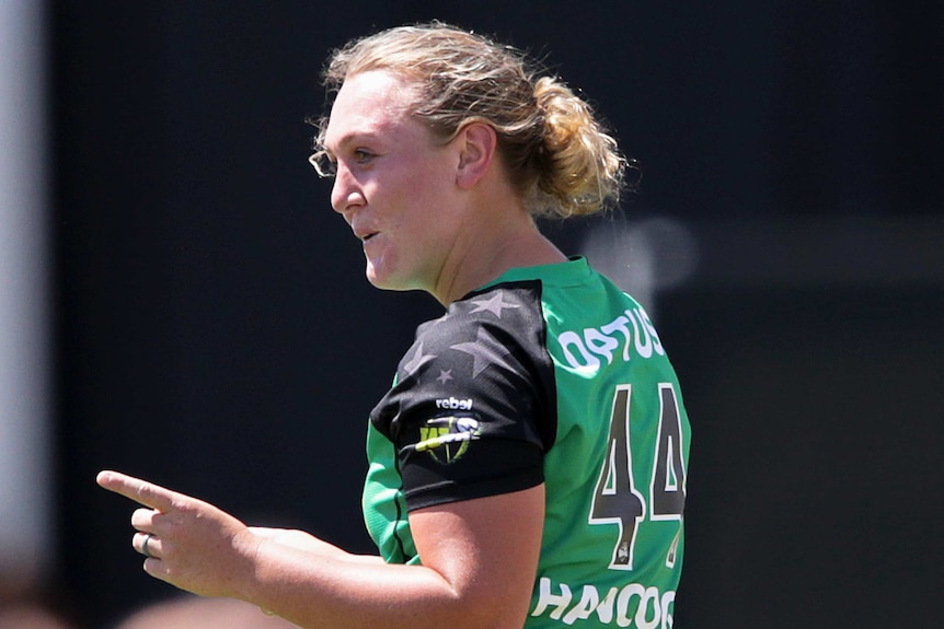 Nicola Hancock points her finger as she celebrates a wicket for the Stars against the Sixers.