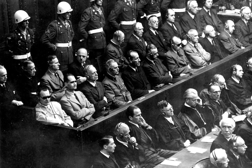 Principal defendants in the Nuremberg War Crimes Trial hear the verdict at the Palace of Justice in Nuremberg.