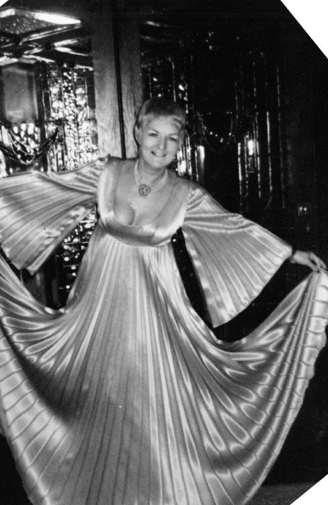 A black and white photo of Shirley Finn wearing a flowing ball gown.