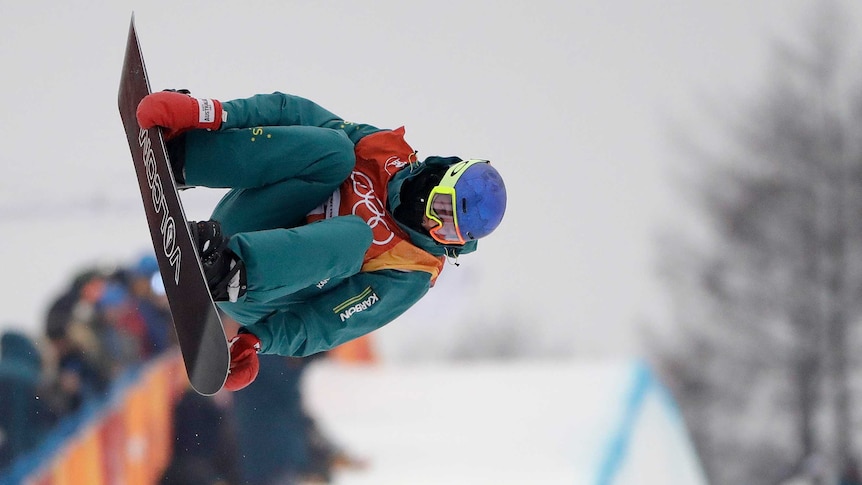 Scotty James in mid-air during the men's halfpipe final at the Olympic Winter Games in Pyeongchang.