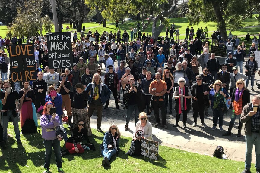 A crowd of people, some holding signs, stand in Rymill Park in Adelaide on a sunny day.