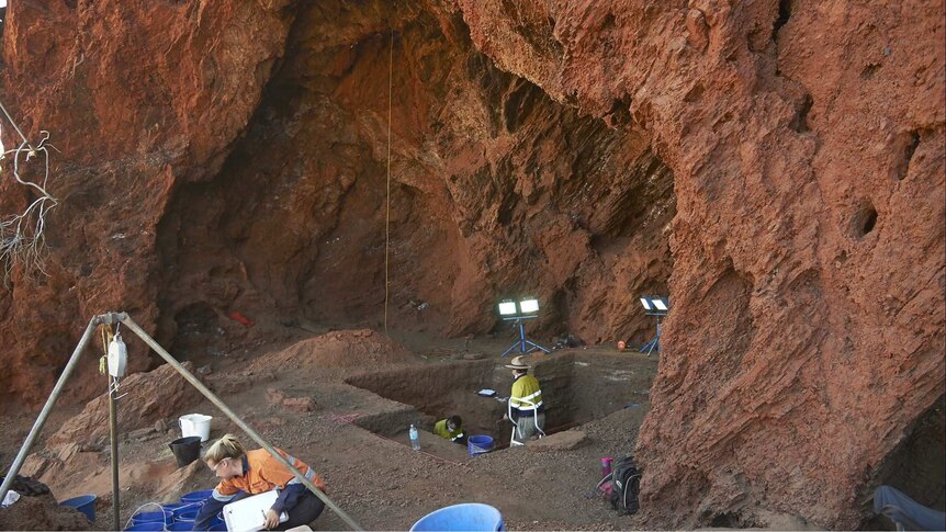 A group of archaeologists dig inside the Juukan-2 caves with lights set up around them.