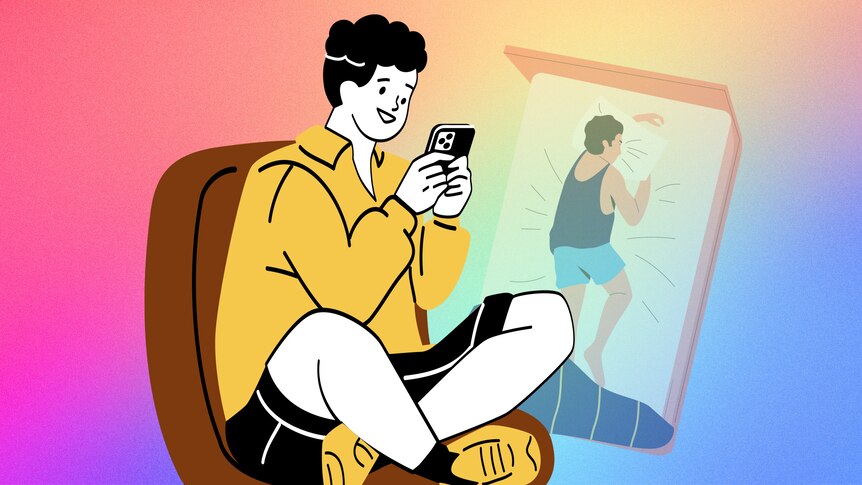 An illustration of a smiling person sitting on a chair holding their phone. Faded in the background in someone in bed.
