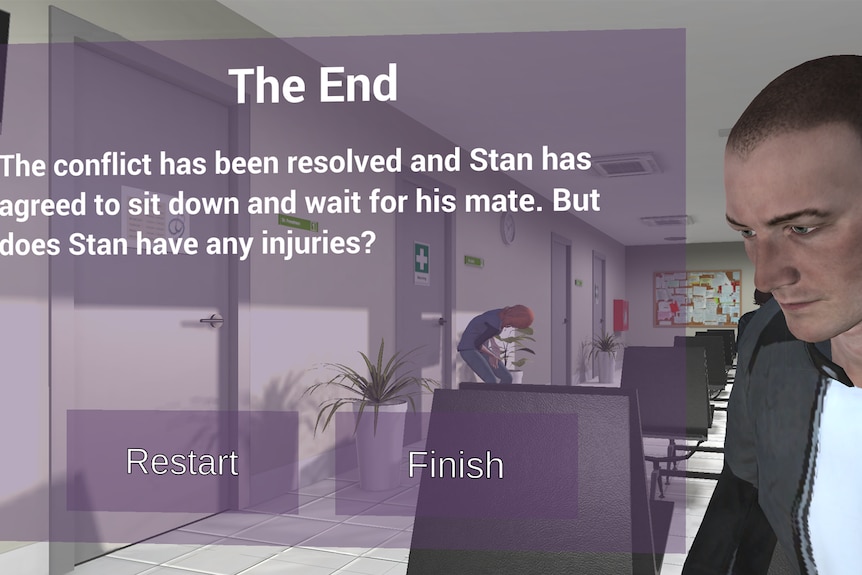 An image of the virtual Angry Stan program ending with Stan agreeing to take a seat and wait for assistance.