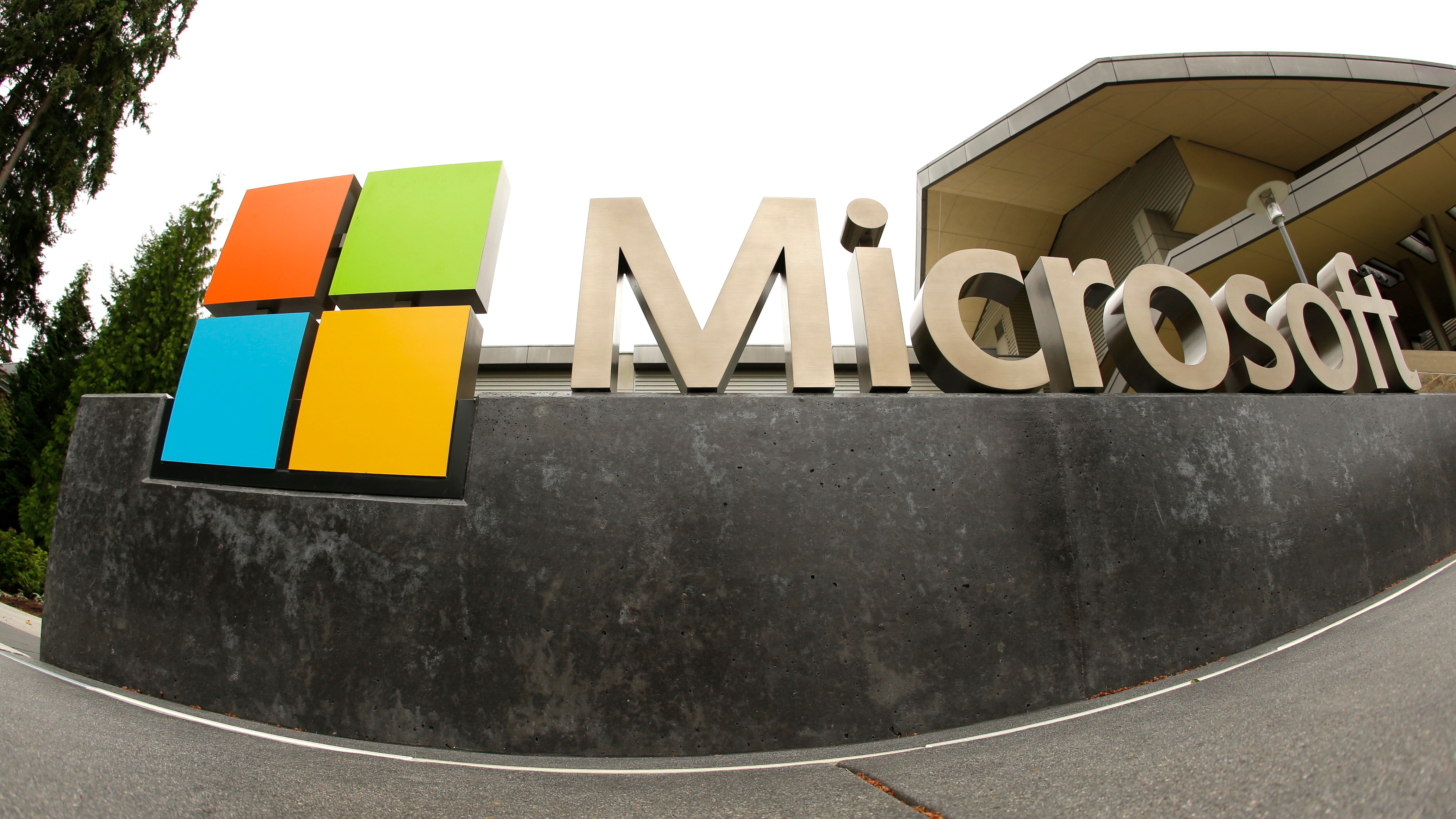 This photo shows the Microsoft Corp. logo outside a Microsoft Visitor Center