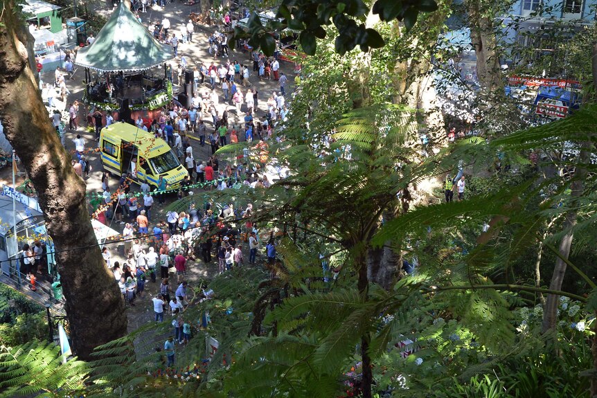 Festival-goers loiter at the scene as workers tend to victims after a tree fell