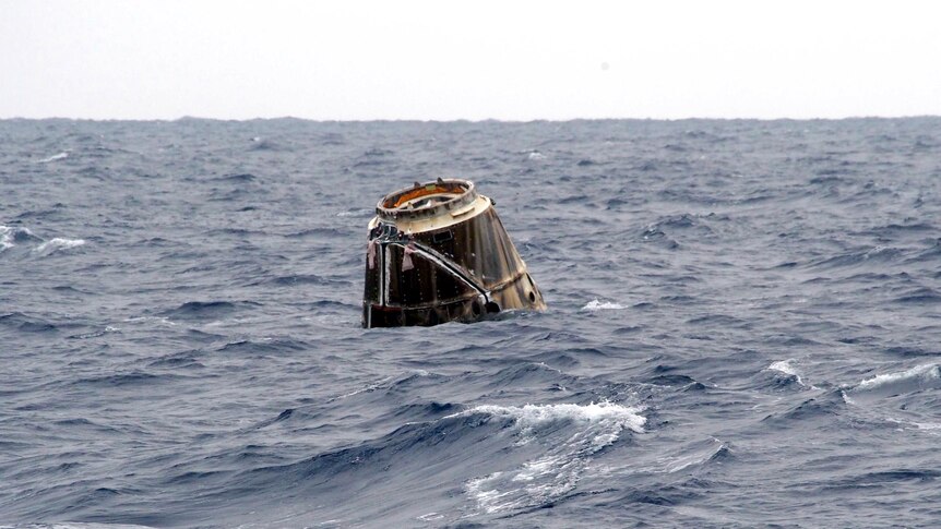 Splashdown for SpaceX Dragon capsule.