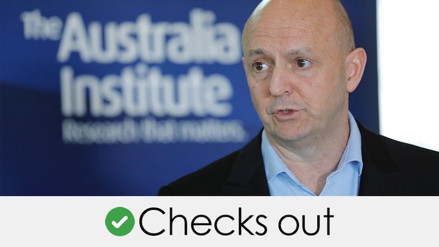 A man with a shaved head talking in front of a blue Australia Institute logo. Verdict: CHECKS OUT