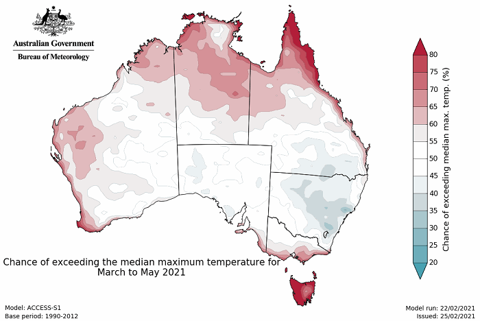 Map of Aus mainly white but red for the coasts and for Tas