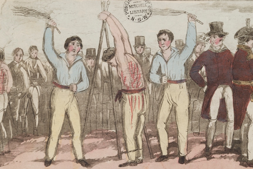 An 1800s illustration of two men whipping a shirtless man, whose hands are tied, with blood running down his back