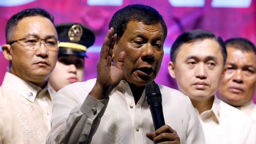 Philippine President Rodrigo Duterte speaks to protesters.