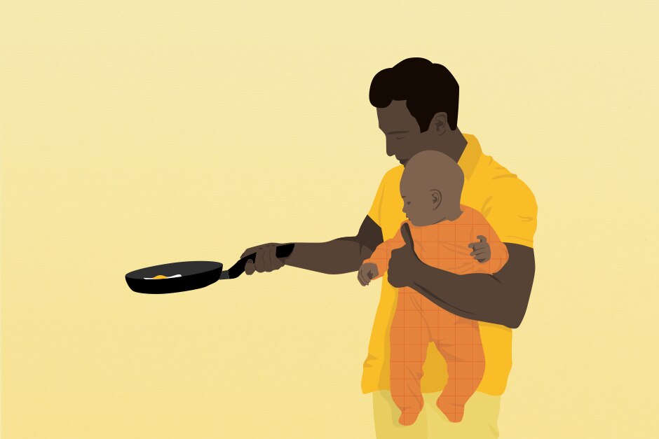 An illustration of a dad using a frying pan while holding a baby