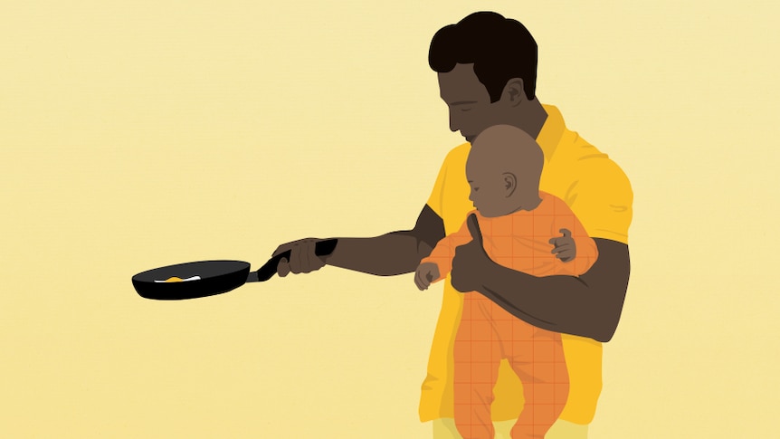 An illustration of a dad using a frying pan while holding a baby