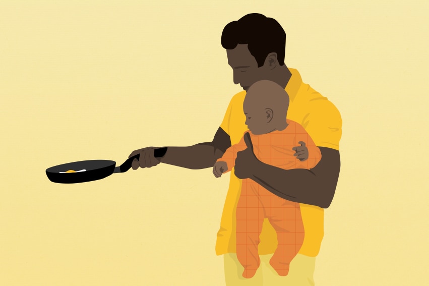 An illustration of a dad using a frying pan while holding a baby