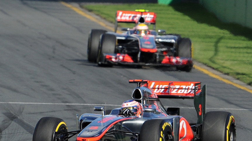 Button (front) and fellow Briton Hamilton (back) enjoyed the same success in Melbourne qualifying.