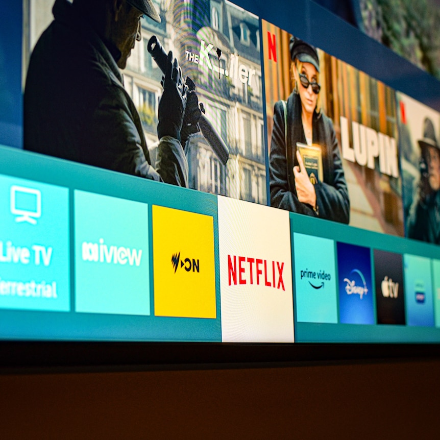 A smart tv with various streaming app logos on display. 