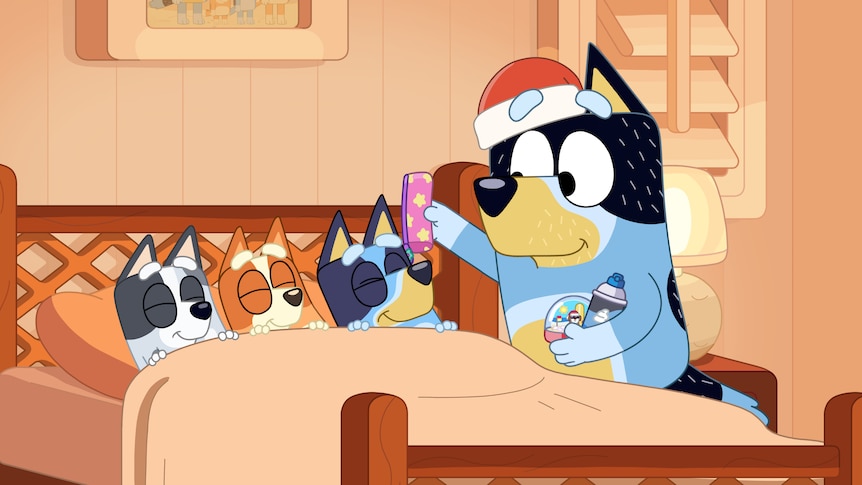 A scene from Bluey in which Bandit is putting presents under the pillows of the kids who are pretending to sleep.