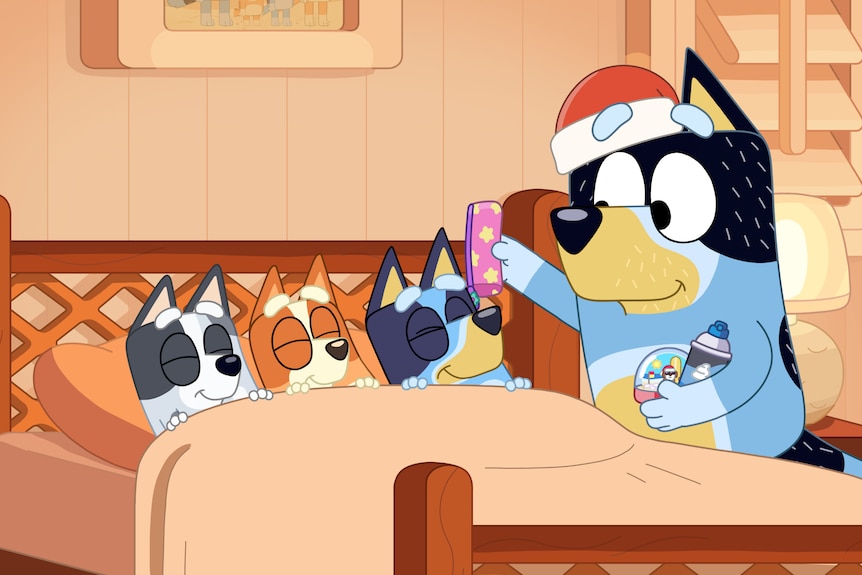 A scene from Bluey in which Bandit is putting presents under the pillows of the kids who are pretending to sleep.