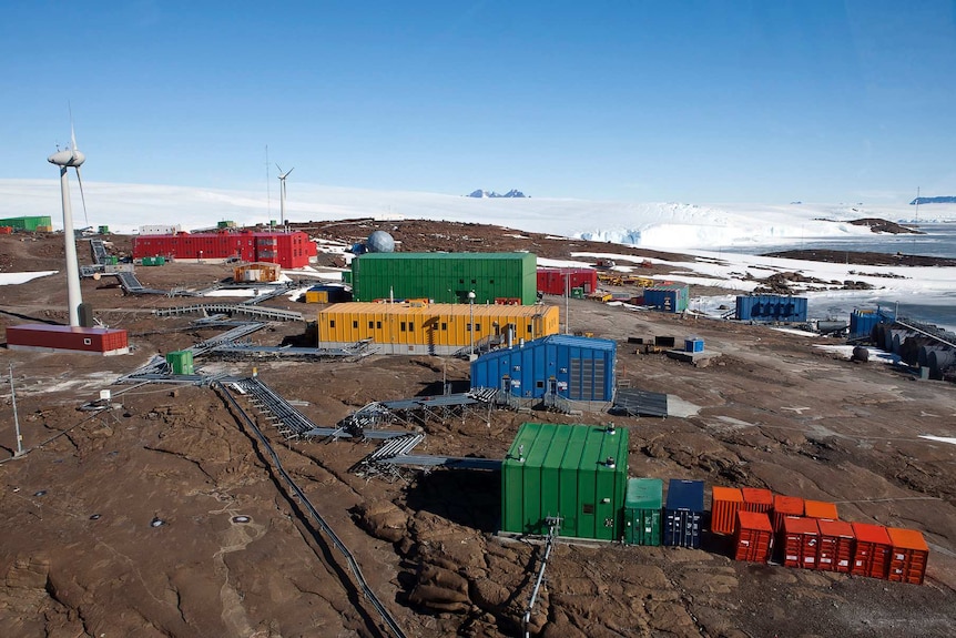 Mawson base and two wind turbines.