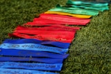 Athletic reward ribbons of different colours laying in a row on the grass.