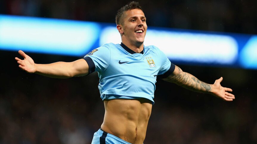 Manchester City's Stevan Jovetic celebrates a goal against Liverpool on August 25, 2014.