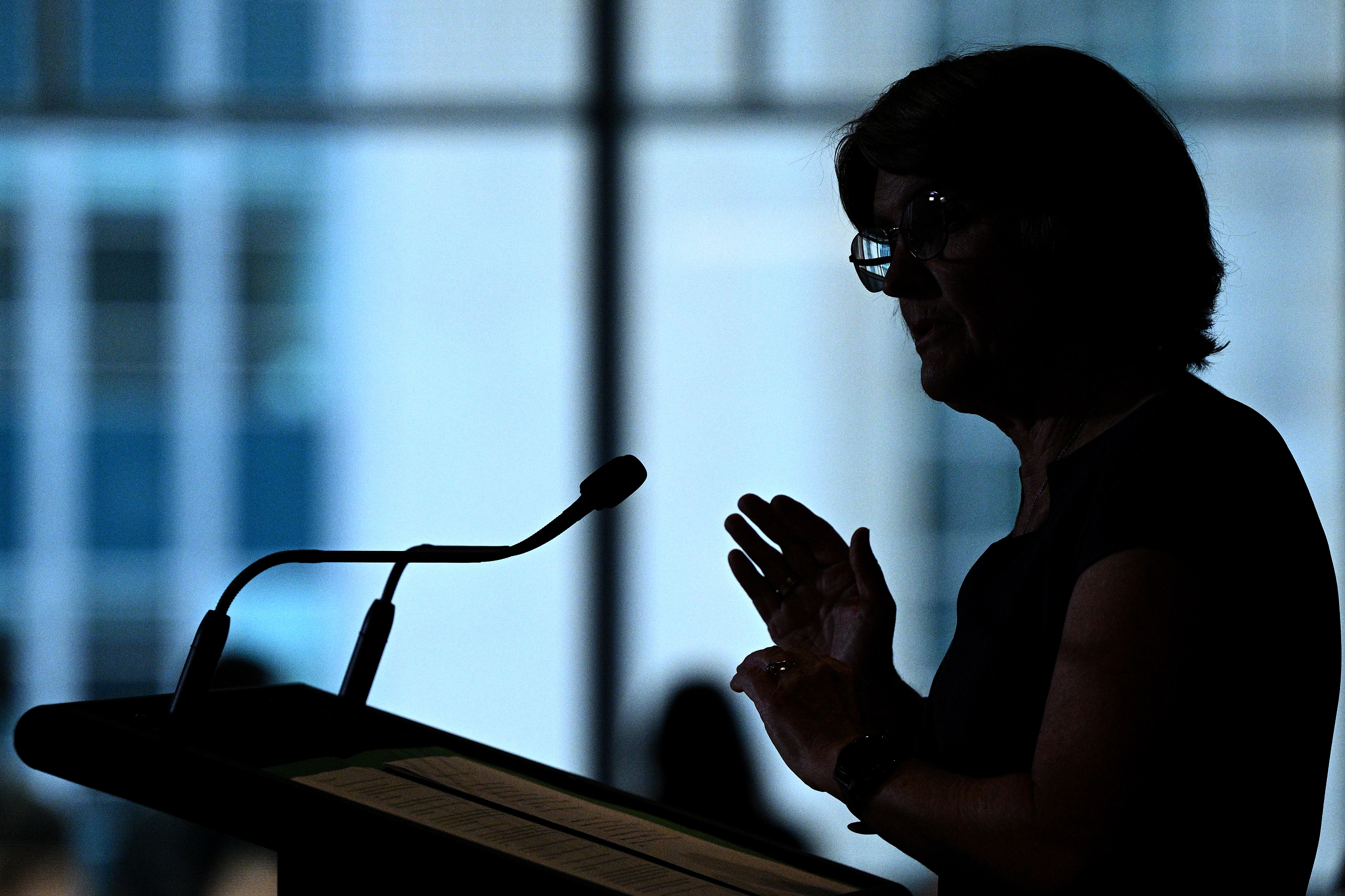 Una mujer, recortada contra un gran ventanal, hace un gesto mientras habla en un atril.