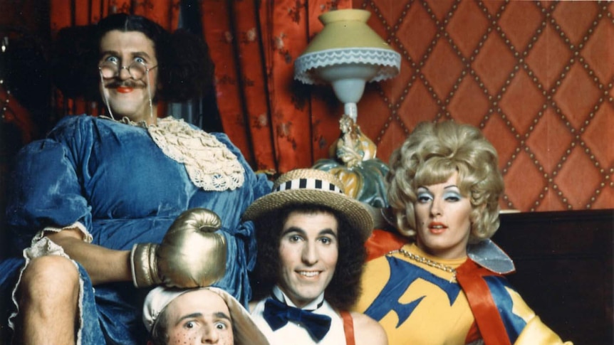 The cast of The Aunty Jack Show, including Rory O'Donoghue as Thin Arthur