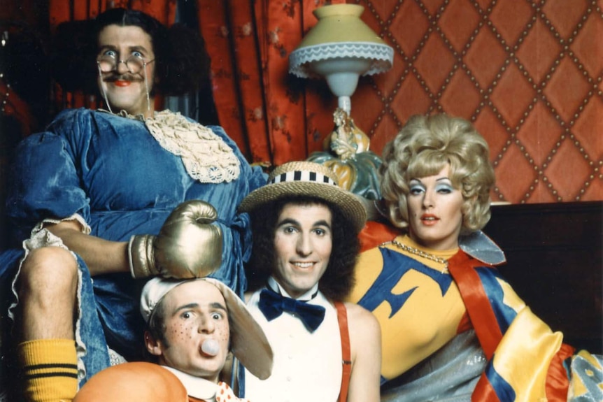 A colour photograph of characters from the comedy program The Aunty Jack Show