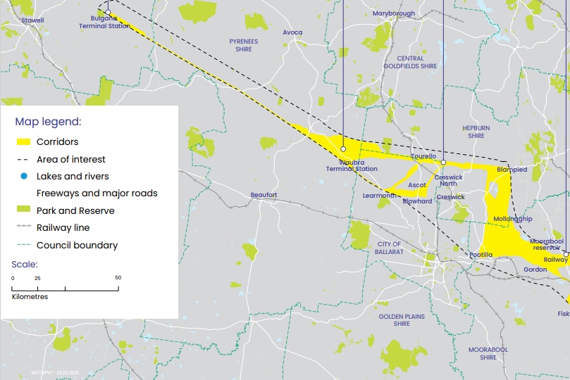 A map released by Ausnet showing where the Western Victoria Transmission Network Project may go.