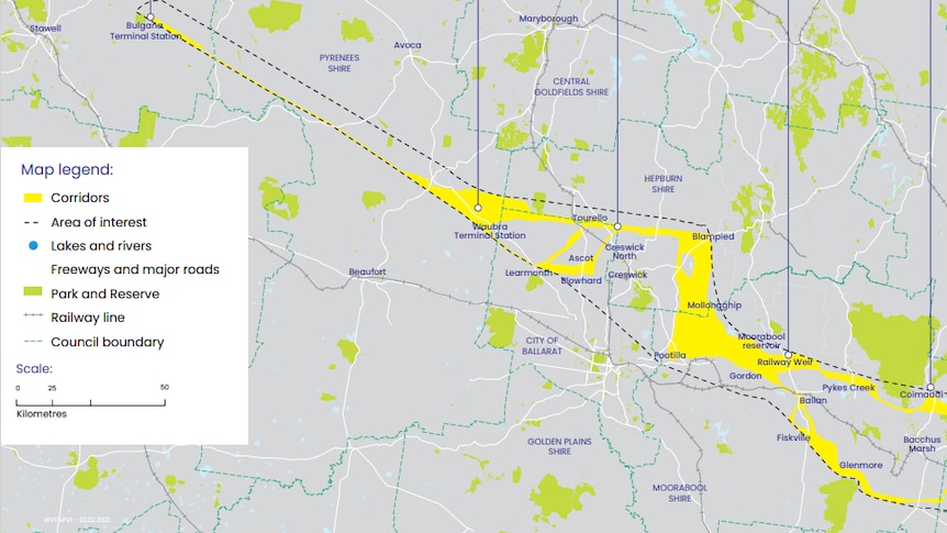 A map released by Ausnet showing where the Western Victoria Transmission Network Project may go