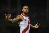 Sydney's Lance Franklin reacts after kicking a goal against Collingwood at the SCG.