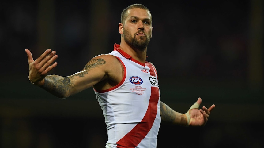 Lance Franklin of the Swans reacts after kicking a goal against Collingwood at the SCG.