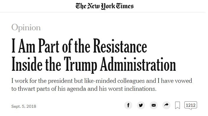 A screenshot of the anonymous opinion piece in The New York Times about the Trump administration.