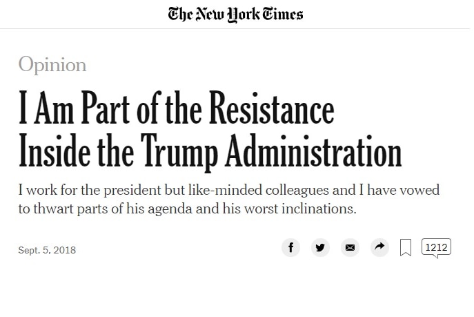 A screenshot of the anonymous opinion piece in The New York Times about the Trump administration.