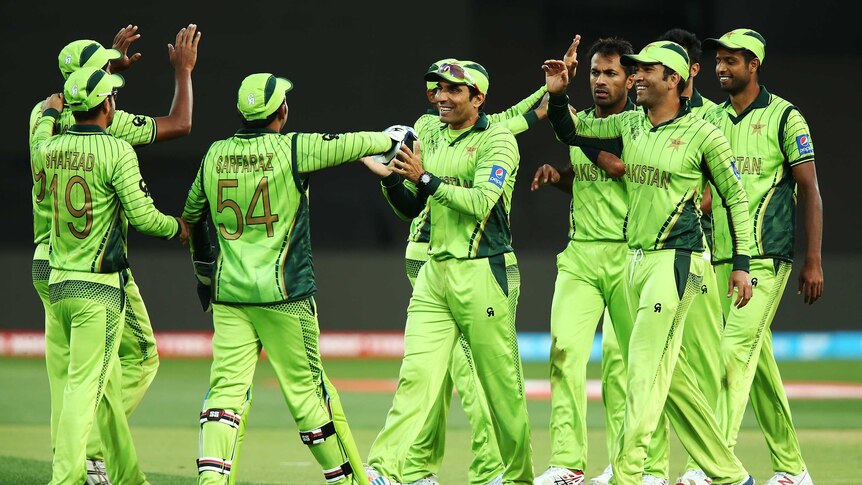Pakistani players celebrate the wicket of David Warner