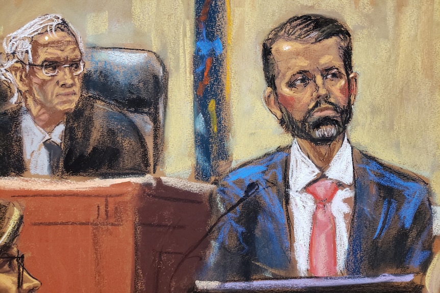 A courtroom sketch of a man in a suit and tie giving testimony, next to a male judge