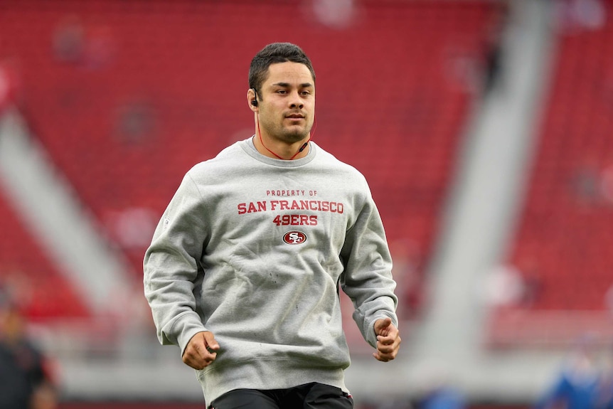 Jarryd Hayne warms up before his first NFL game