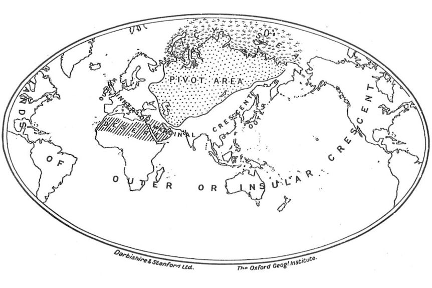 Map of the Heartland Theory, as published by Halford J Mackinder in 1904.