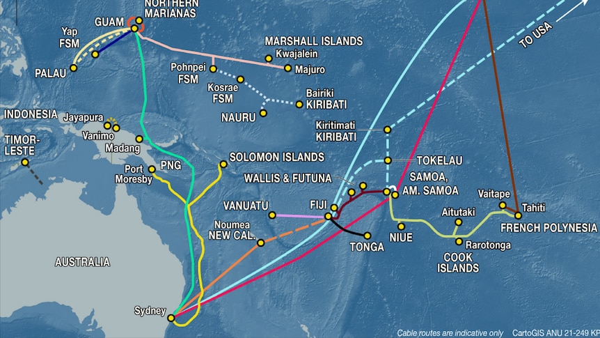 A map showing all the submarine cables in the South Pacific.