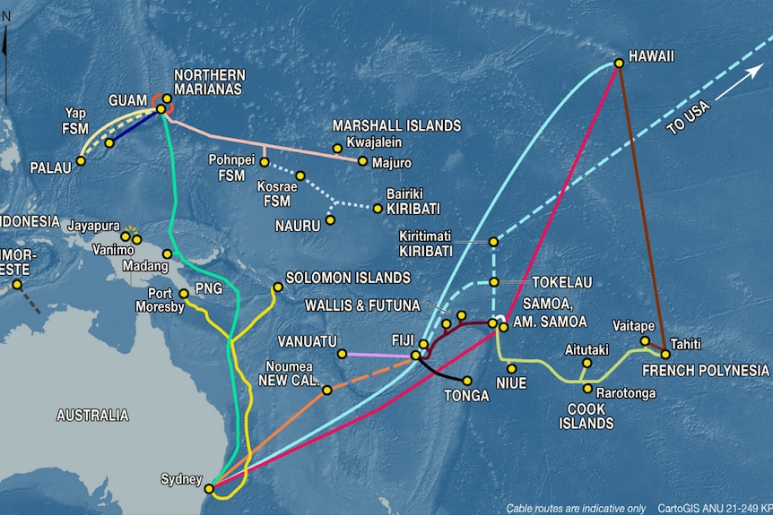 A map illustrating all the submarine cables of the South Pacific.