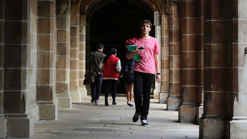 Students walking through university campus.