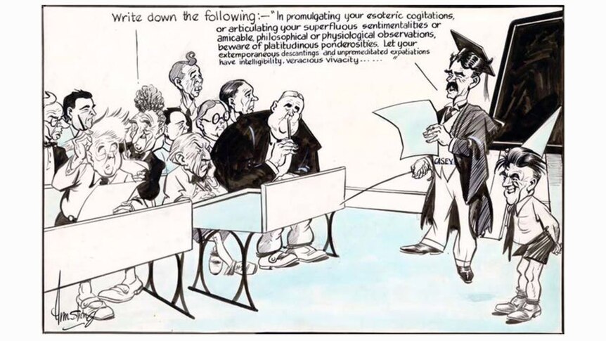 A cartoon features R G Casey giving a dictation test to various members of Parliament, including William Morris (Billy) Hughes