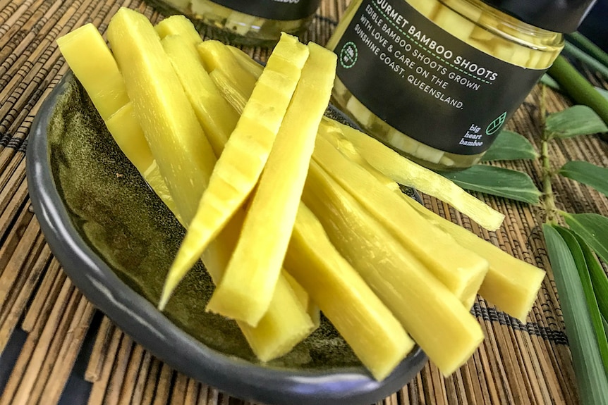 Pickled lengths of bamboo shoot on a plate in front of bottles.