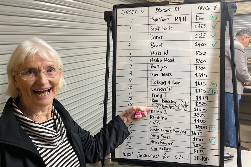 A happy lady smiles next to a whiteboard with jerseys and the prices they sold for.