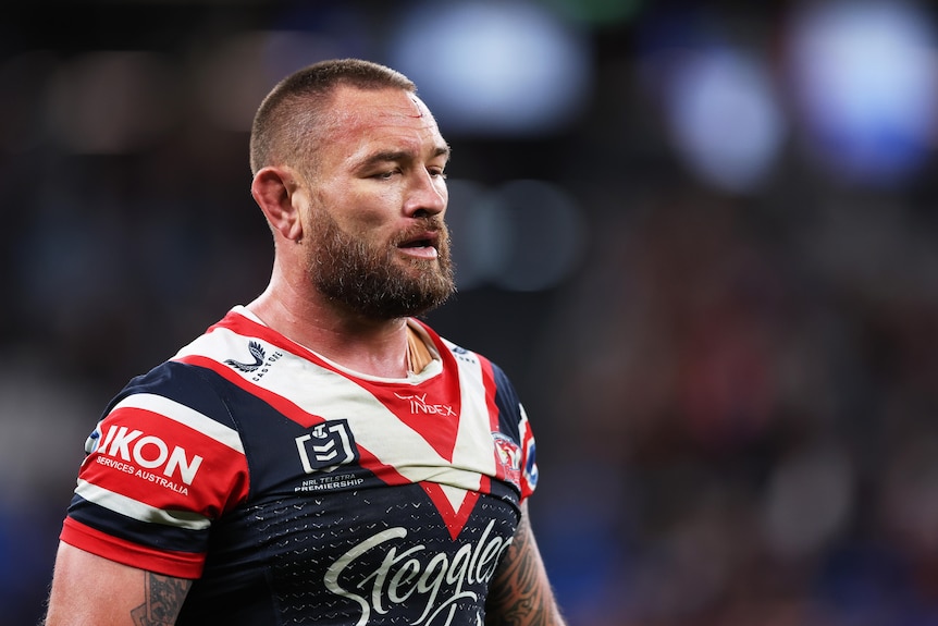 Jared Waerea Hargreaves walks off the field during an NRL game for the Sydney Roosters.