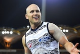 Gary Ablett reacts to Gold Coast crowd after kicking goal for Geelong