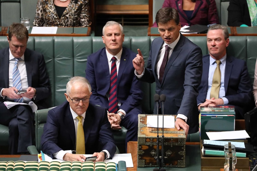 Angus Taylor speaks in Parliament while Malcolm Turnbull looks at his phone.